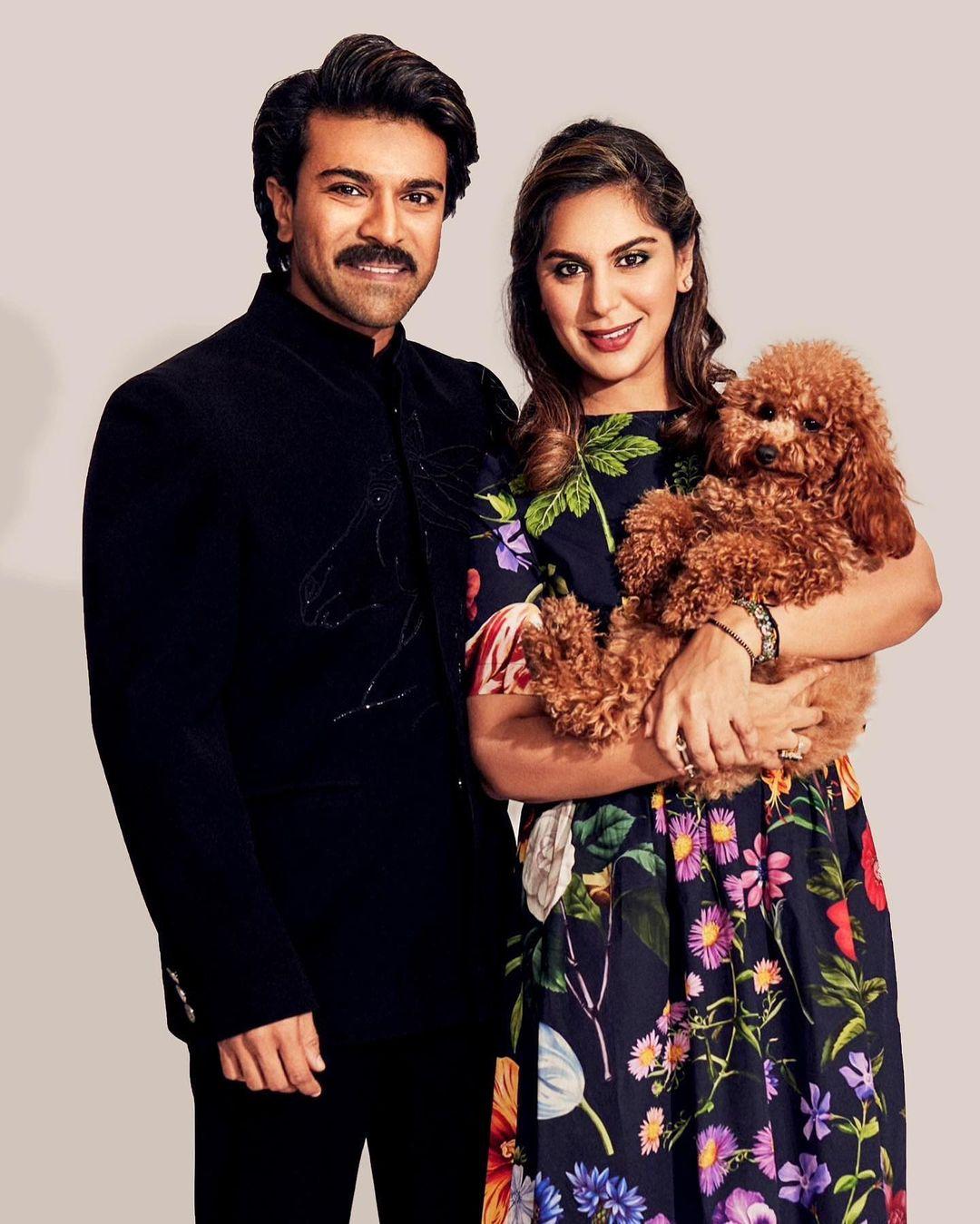 Ram Charan and Upasana with their cute pet dog, who has become almost as famous as the couple itself