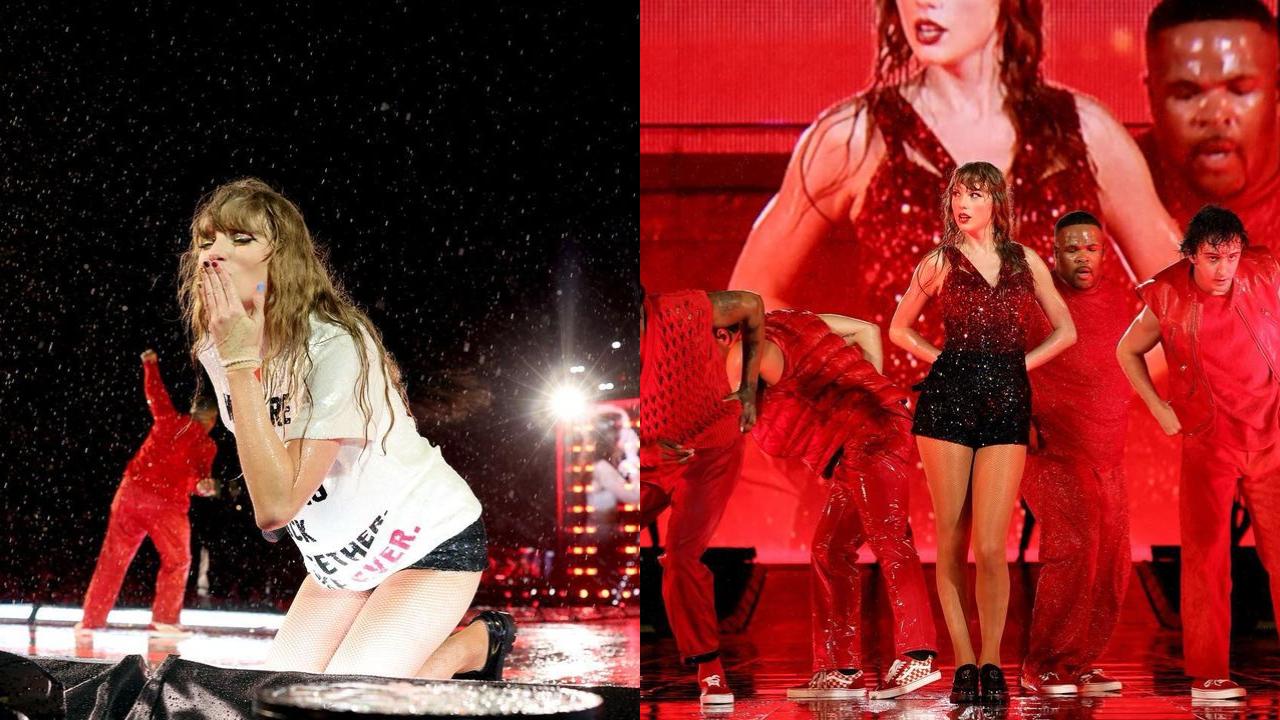 Taylor takes it easy in this casual fit to perform songs from ‘Red.’ She takes a playful dig at herself with an Ashish-designed T-Shirt displaying ‘Who’s Taylor Swift anyways? Ew,” and a hat. Once the T-shirt is removed, a beautiful red-to-black shaded bodysuit is revealed, perfect for the Red era