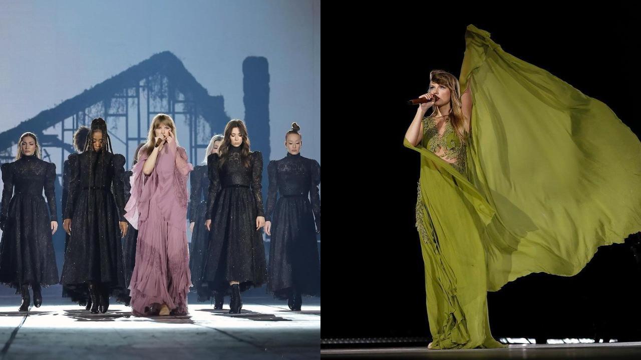 Folklore saw some of Taylor’s most ‘cottagecore’ outfits. She stunned in this lavender dress with flares and ruffles that add the perfect amount of whimsy to songs like ‘August.’ This deep sap-green chiffon dress also matches the rustic and homely vibes of the album