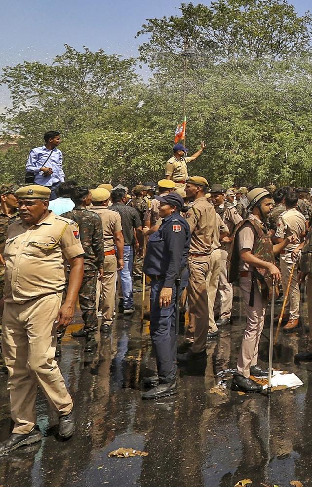 Rajasthan BJP leaders and workers began the march from the party`s state headquarters towards the secretariat after a public meeting