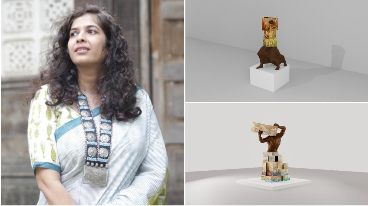 Mumbai artist Bandana Jain has made a series of artworks titled 'Consumerism' that use waste material like cardboard from boxes as her canvas to depict the extent of human consumption. Photo Courtesy: Bandana Jain