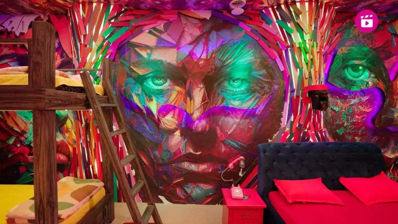 The bedroom embraces psychedelic tones and patterns, creating a cool and fun vibe