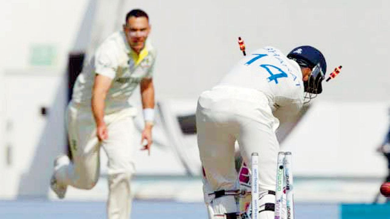 KS Bharat is clean bowled by Australia pacer Scott Boland yesterday
