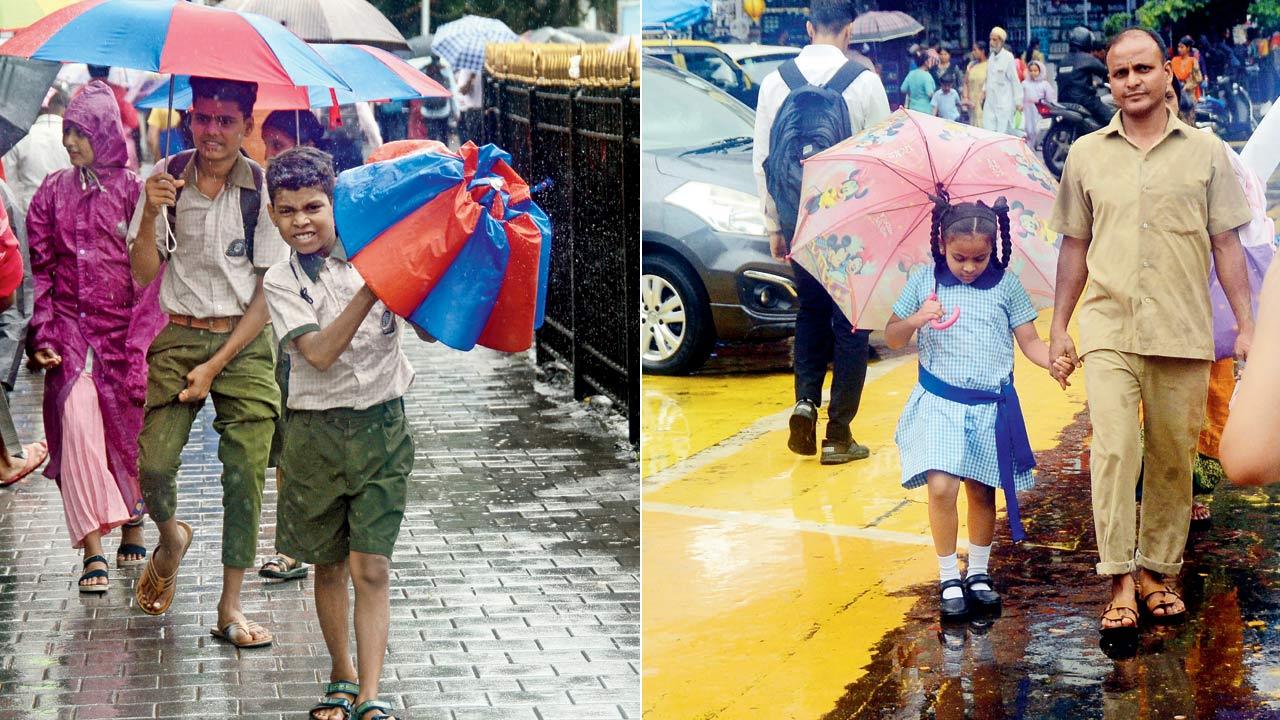 Caught in a sudden shower, children get under umbrellas, at Fort, on Friday. Pics/Sayyed Sameer Abedi