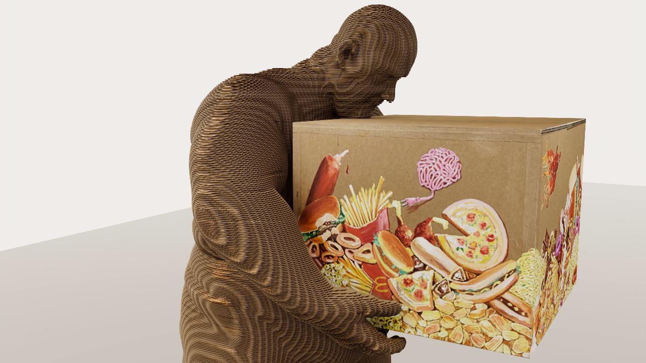 Mumbai artist and sculptor Bandana Jain has sculpted human figures as mannequins, symbolising the passive nature of our consumption-driven society. The cartons they hold serve as canvases, she says, depicting the materialistic aspects that dominate their lives. This sculpture portrays a figure clutching a box filled with junk food, representing the trap of instant gratification and dopamine-induced cravings. Photo Courtesy: Bandana Jain