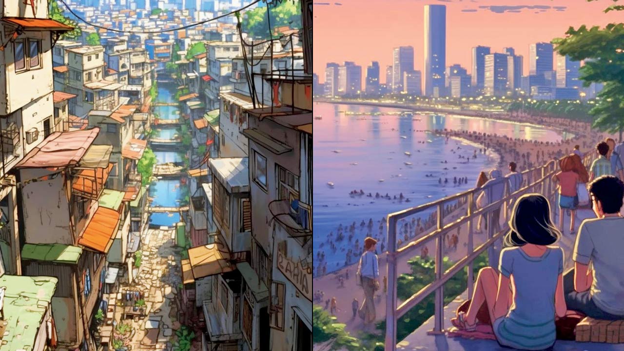 An imagined version of the lanes of Dharavi; (right) a romanticised everyday scenario at Juhu beach