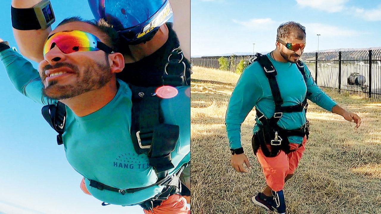 (Left) A shot of Javed Choudhari while sky diving; (right) the sportsman on the way to the event
