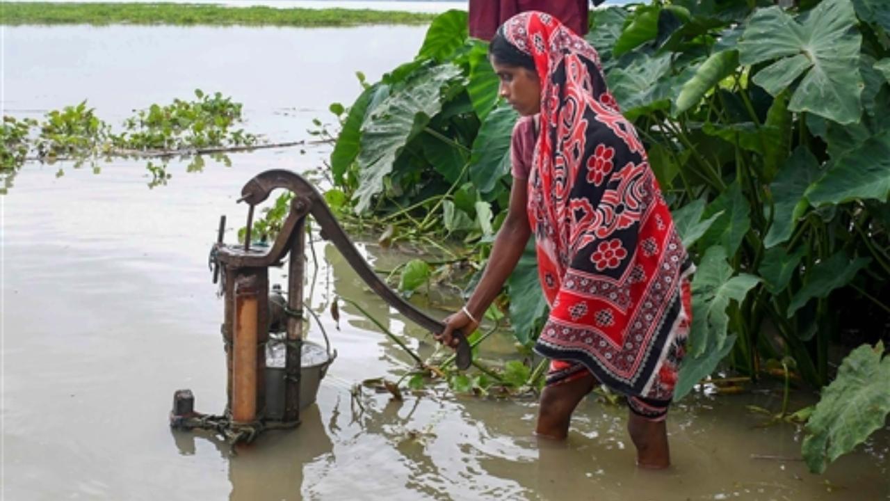 An Assam State Disaster Management Authority (ASDMA) report said that 4.95 lakh people were hit by floods till Thursday evening
In Pic: A woman collects drinking water from a hand pump in the flooded area in Morigaon district of Assam
 