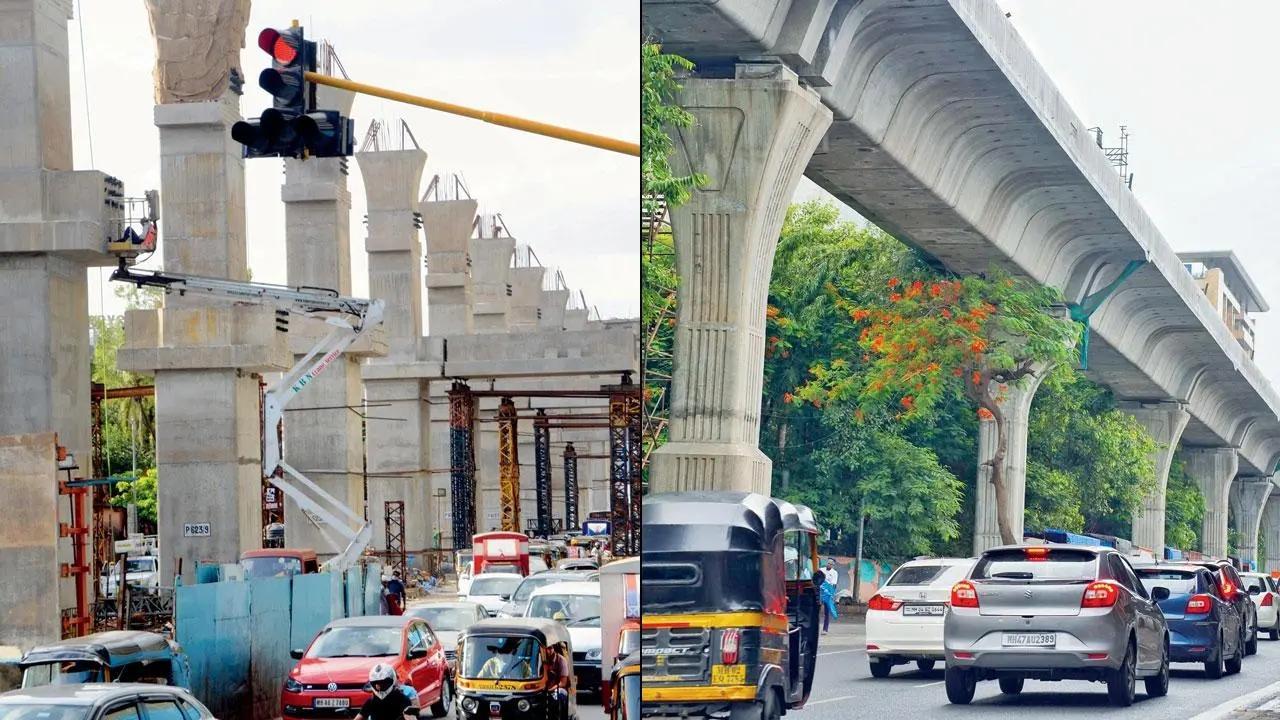 A traffic snarl caused by Metro 2A work at DN Nagar, Andheri, on July 3, 2021. Pic/Satej Shinde; (right) the stretch near Milan subway on Thursday after Metro barricades were removed. Pic/Aishwarya Deodhar