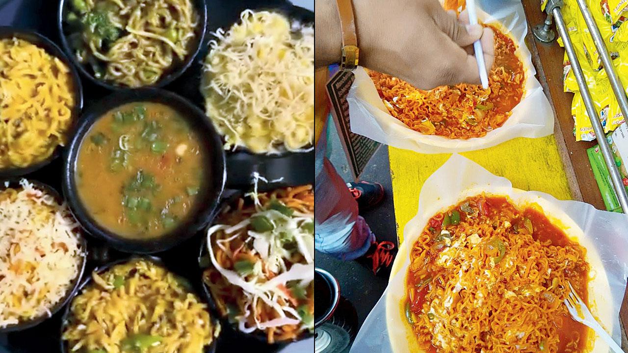 (Left) Maggi thaali served in Matunga. Pic courtesy/Instagram (right) Schezwan cheese Maggi from Malad. Pic courtesy/Rajesh Lohar