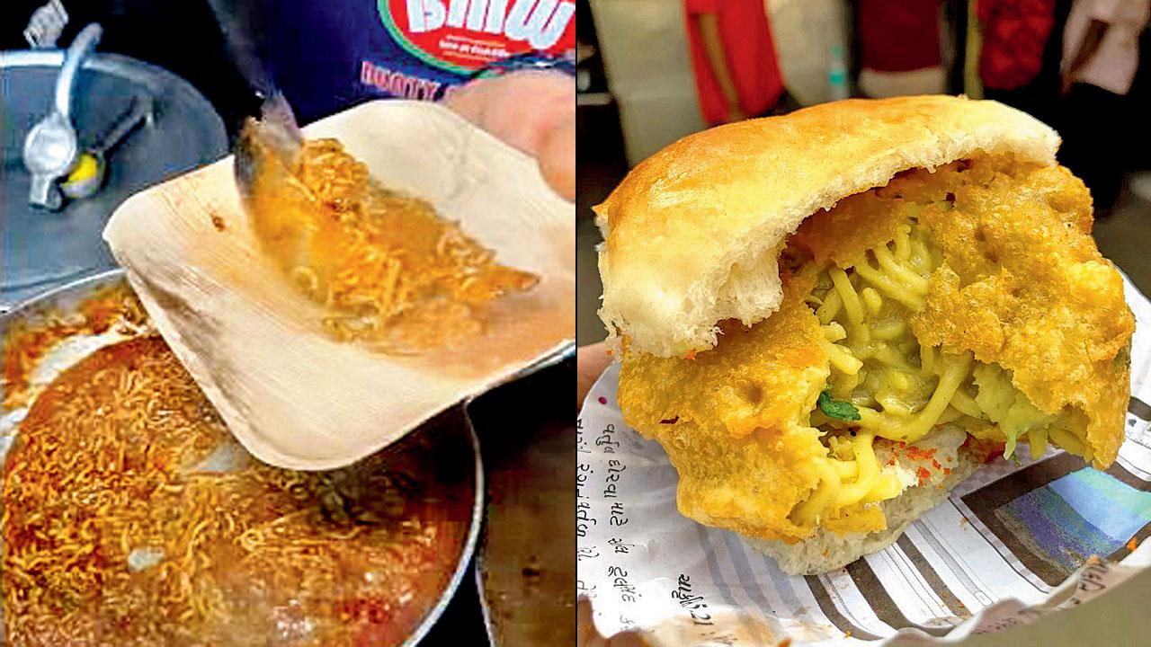 (Left and above) The mutton Maggi served in Delhi. Pic courtesy/Harry Uppal (right) Maggi vada pav in Ghatkopar. Pic courtesy/Gourmet Musafir