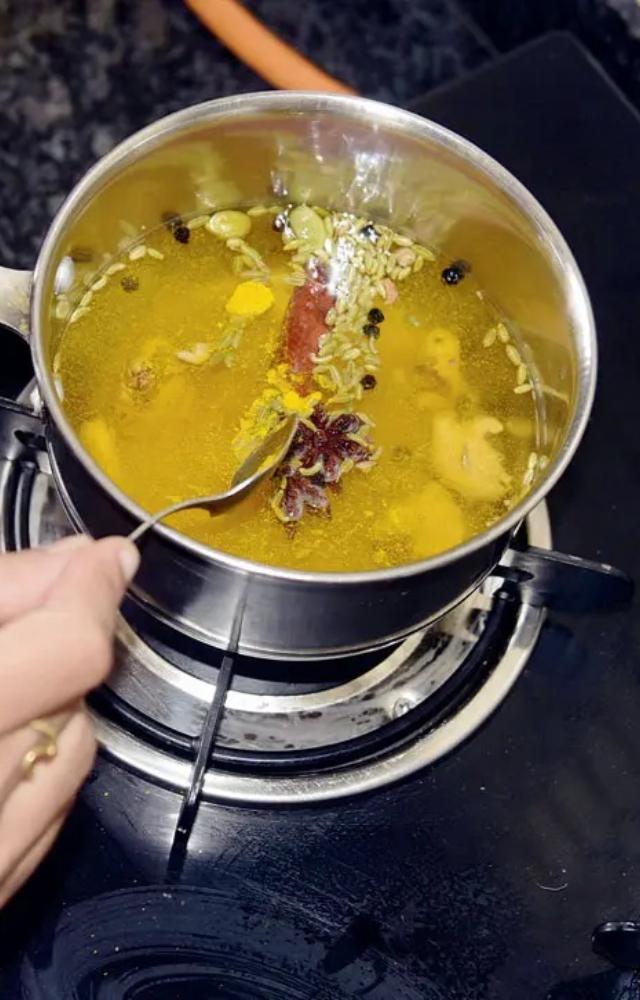 Amrita Kaur, chef and food curator, banks on the good ol’ kadha with ginger, haldi, black pepper, cloves and tulsi, and two caps of old monk if you like