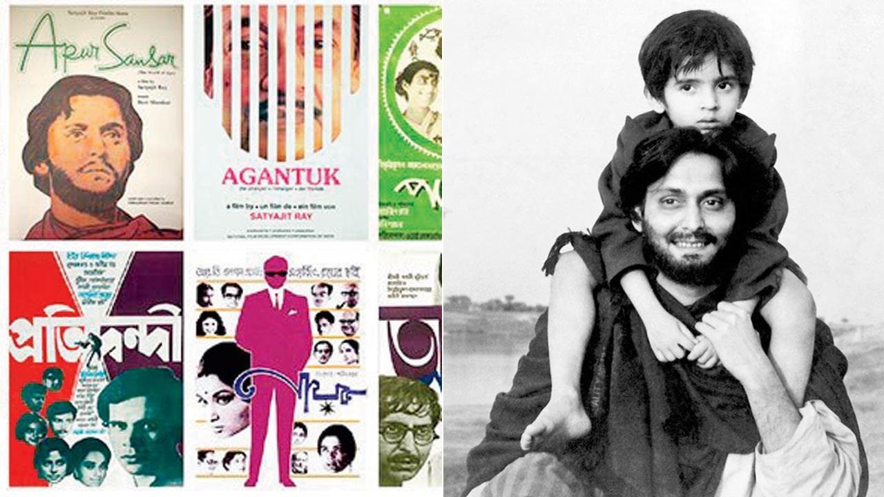 Posters of Ray’s films. Pic Courtesy/Instagram; (right) Soumitra Chatterjee in a moment from Apur Sansar. Pic courtesy/Satyajitray.org