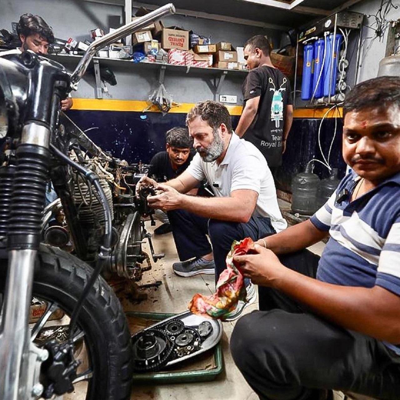 Rahul Gandhi posted pictures of his interaction with the mechanics on Facebook and wrote: 