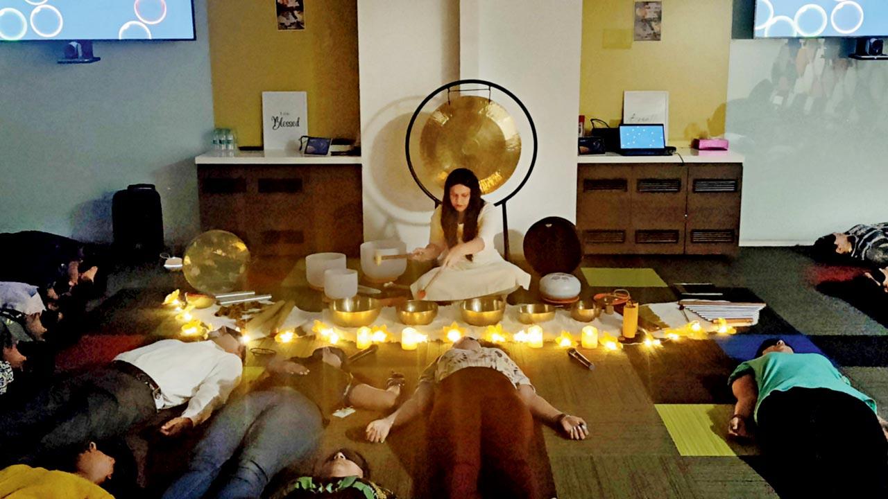 Gayatri Singh, who conducts sound bathing sessions, says that sound helps take your brainwaves from a very active state to a relaxed state