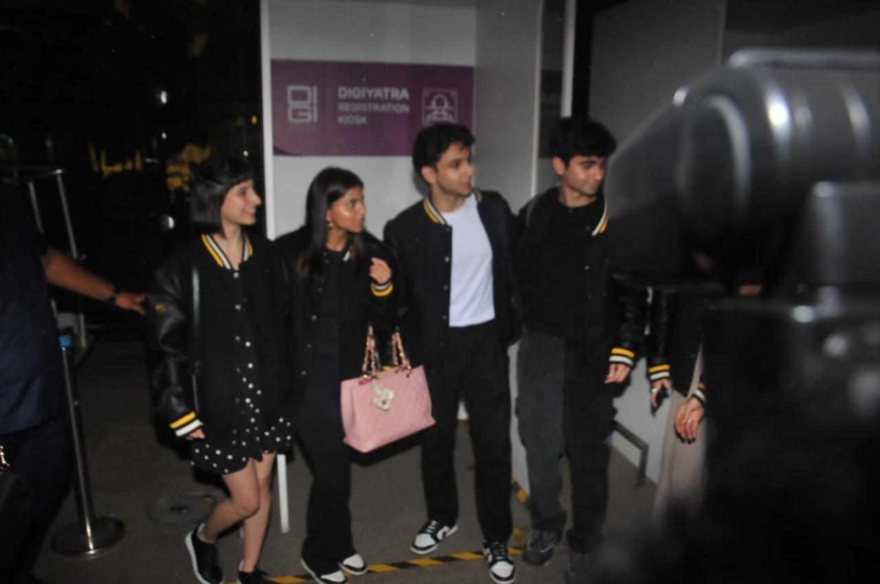 Khushi was spotted wearing a black crop top and loose beige pants underneath the jacket, while Suhana was seen sporting a black top and leggings