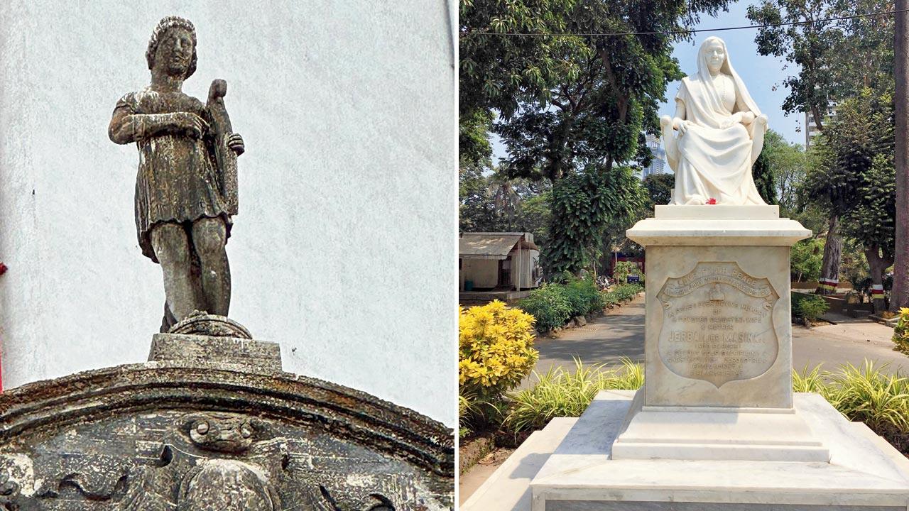 Statue of a young girl holding a harp atop Gulab Mahal, Tardeo. Pic/Shormistha Mukherjee; (right) Jerbai Masina on the Masina Hospital lawn, Byculla. File pic