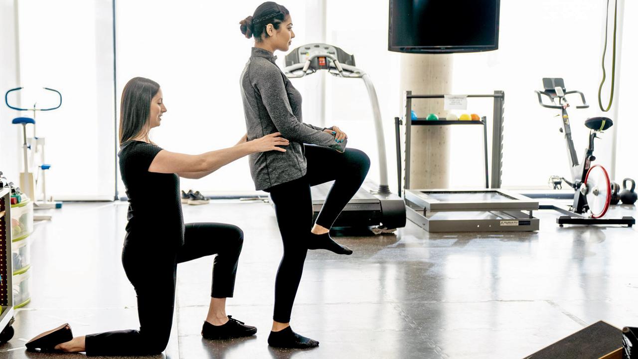 (Right) Professionals who spend long hours at the desk should practice stretching and  mobility exercises 