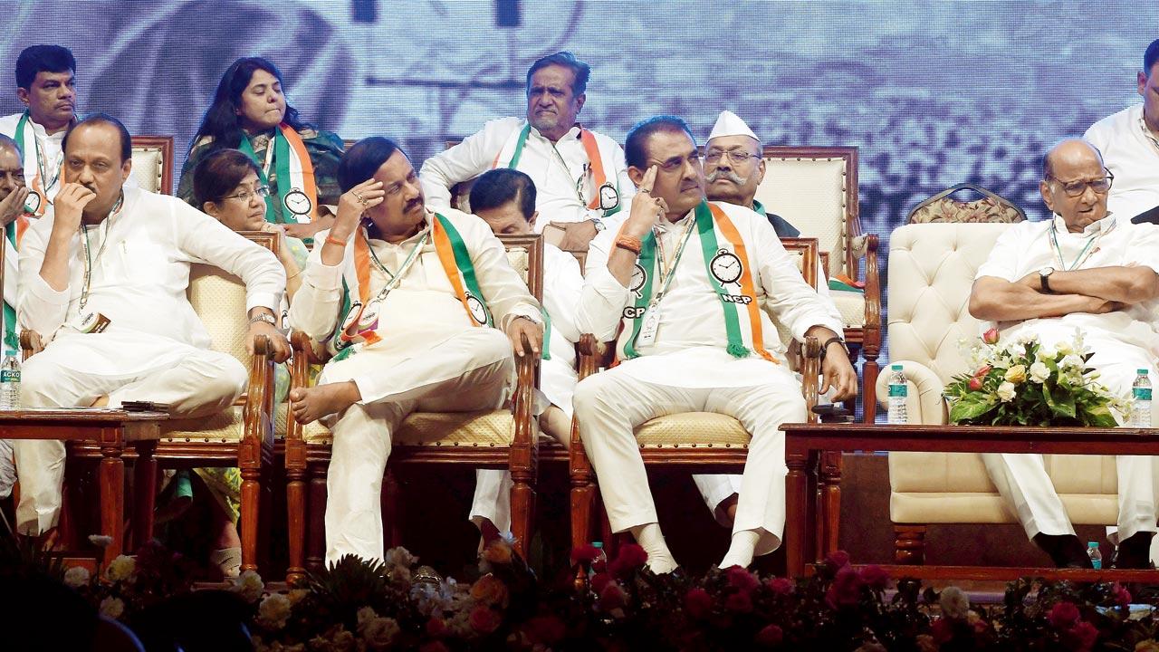 NCP acting president Praful Patel with Ajit Pawar, Sunil Tatkare and Sharad Pawar at Shanmukhananda Auditorium on Wednesday. Pic/Ashish Raje