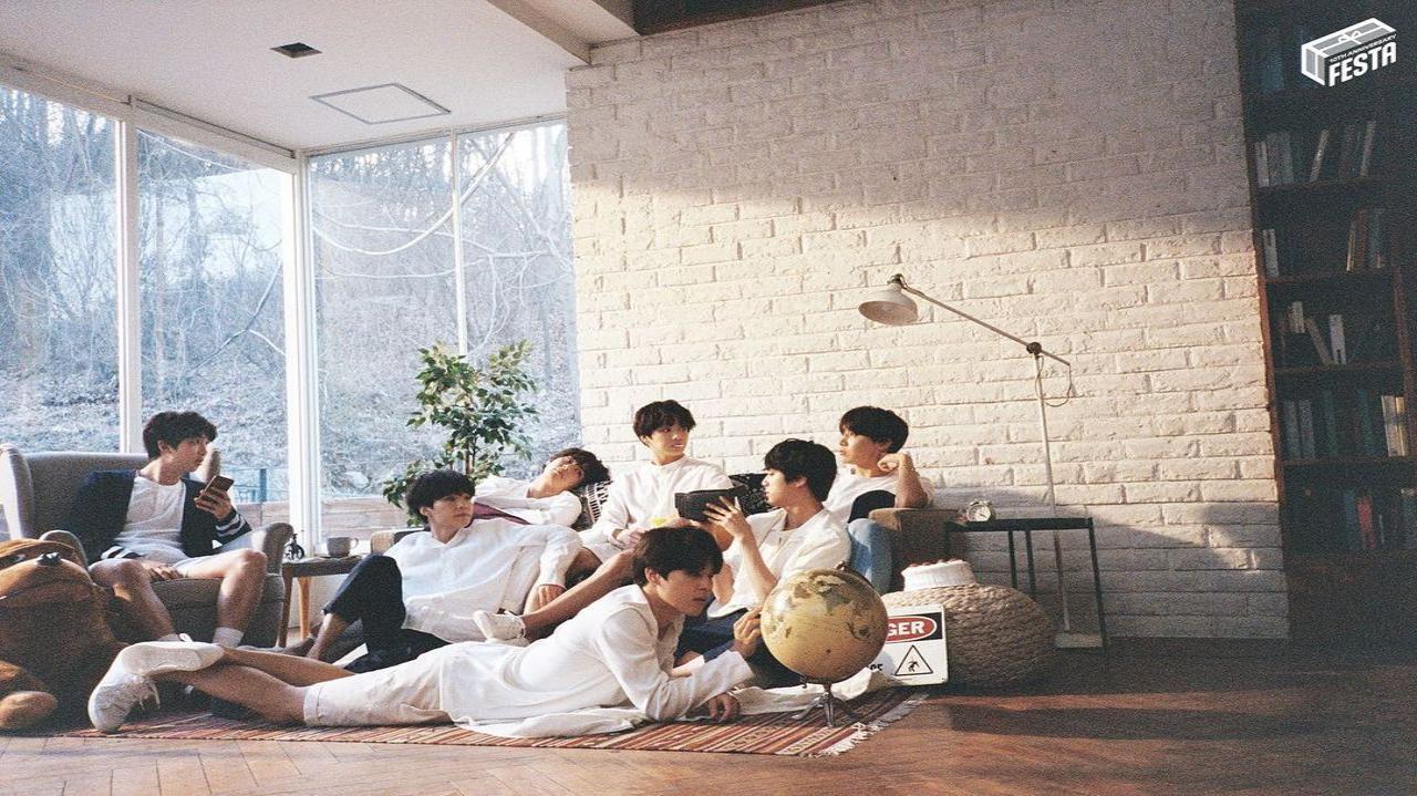 A bonus glimpse from BTS’ Love Yourself: Tear photoshoot. The album was a deep dive exploration of the darker sides of love – and the many insecurities and loss of self-worth that are as inevitable in any relationship as the feel-good side. The boys can be seen lounging on the couch and sprawled across a patterned rug in this photo (Weverse)