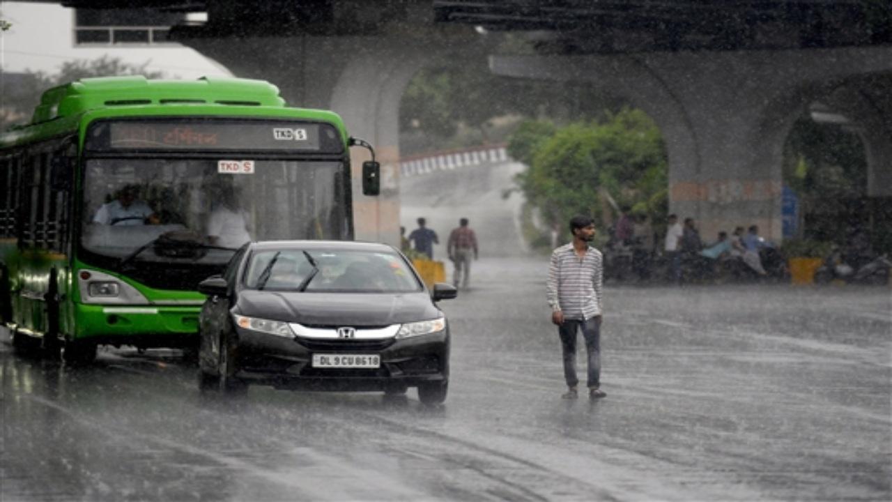 A sprightly shower accompanied by gusts of wind provided a much-needed succour to Delhi which had been reeling under sweltering heat for days. Photos: PTI/ANI