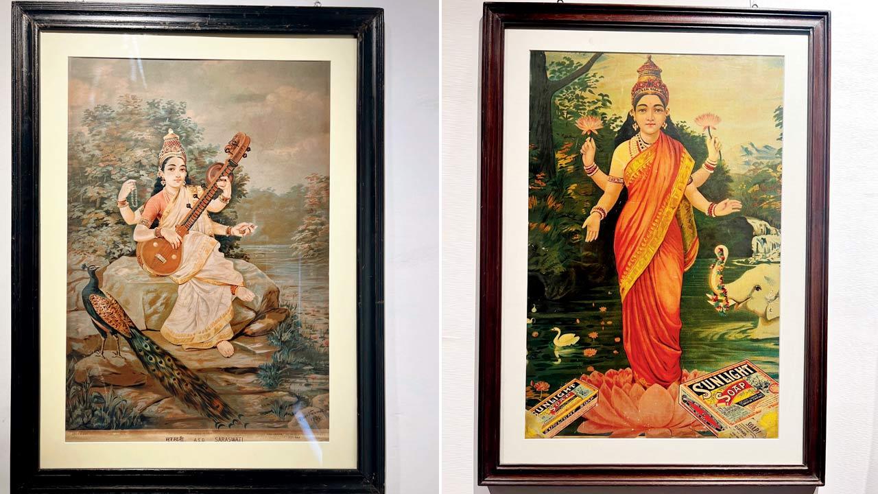 (From left) An oleograph of Goddess Saraswati; an advertisement for Sunlight soap