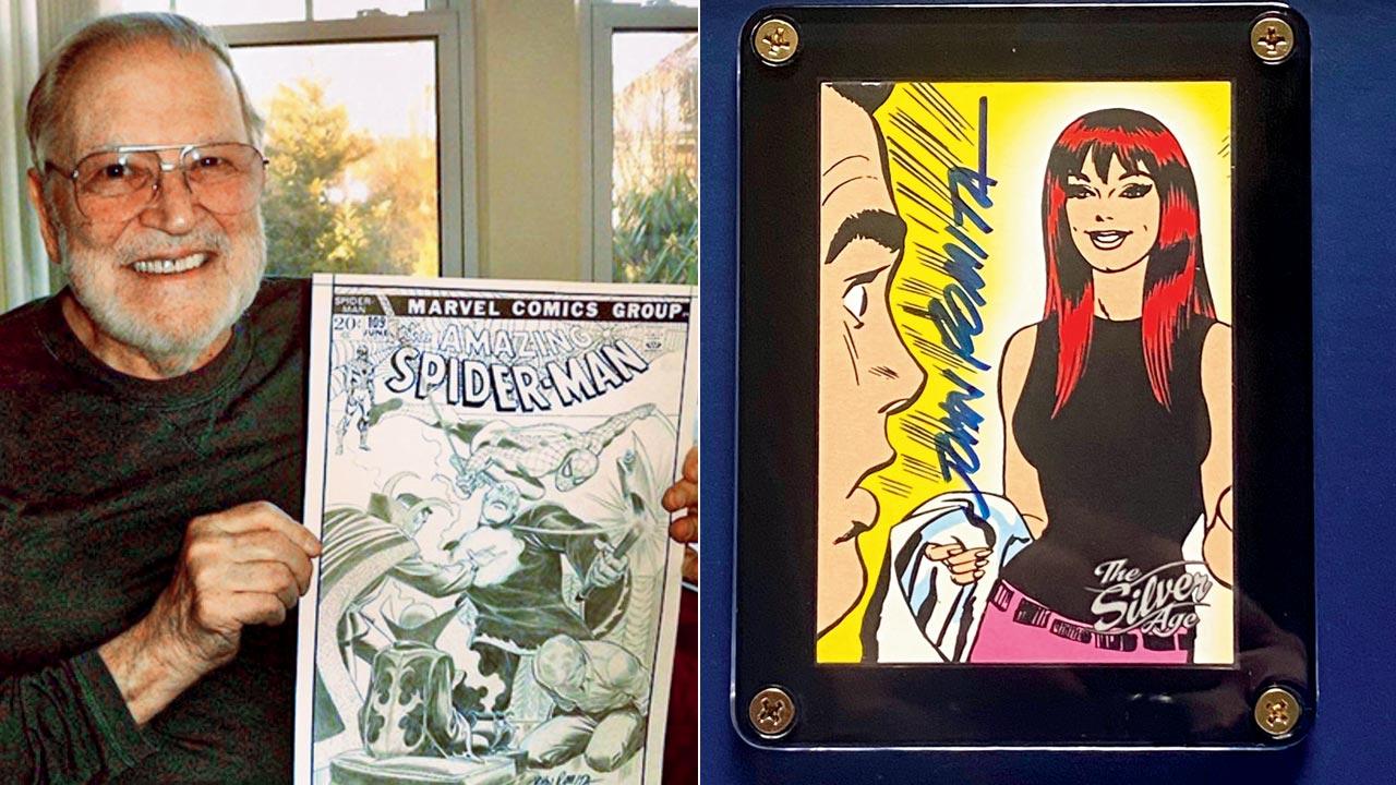 John Romita Sr. Pic courtesy/ @JrRomita; (right) an autographed panel featuring Mary Jane as drawn by him