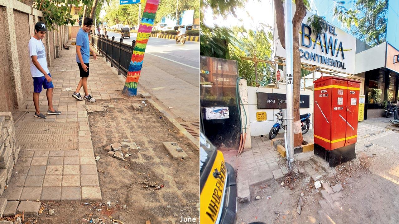 Shubh Joshi and Shivaan Lalwani observe a footpath in Andheri; (right) an obstructed walkway in Juhu
