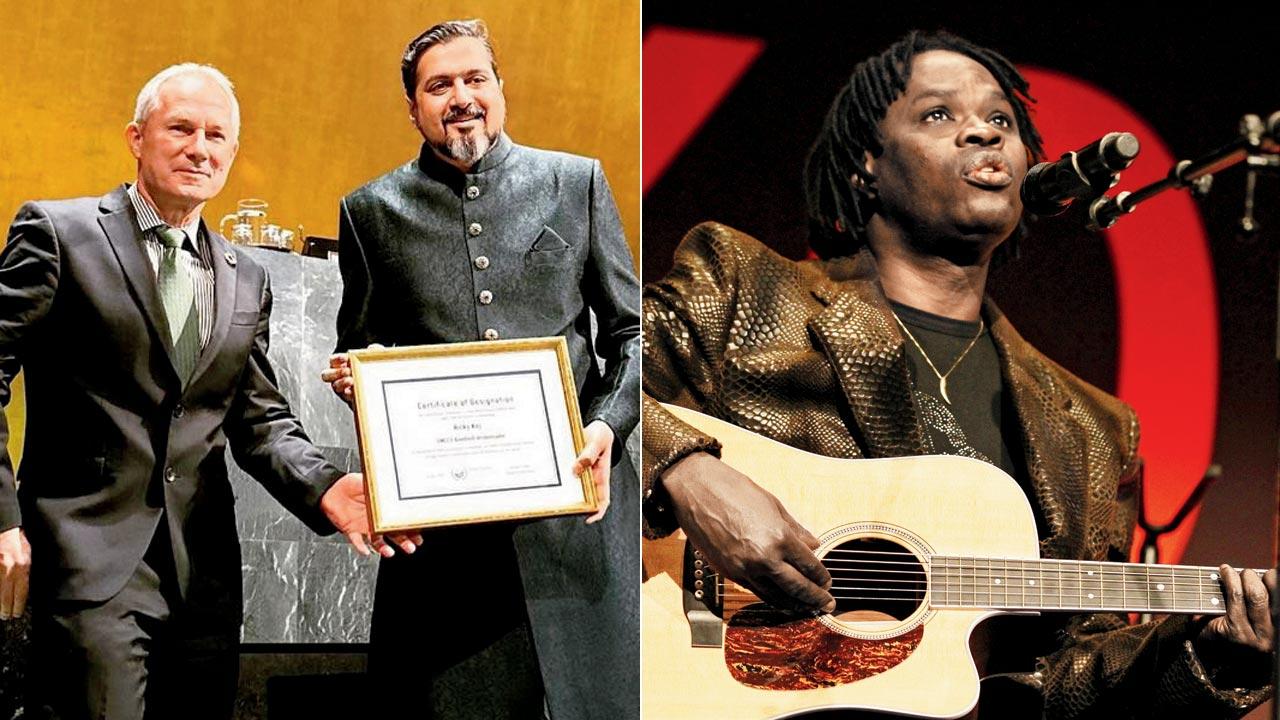 Ricky Kej (right) with Csaba Korösi, president of the United Nations General Assembly. Pic Courtesy/Instagram; (right) Senegalese singer Baaba Maal.  Pic Courtesy/Wikipedia