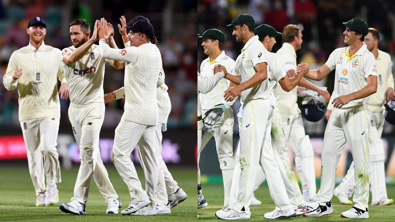 England players (L), Australia players (R) (Pic: AFP)