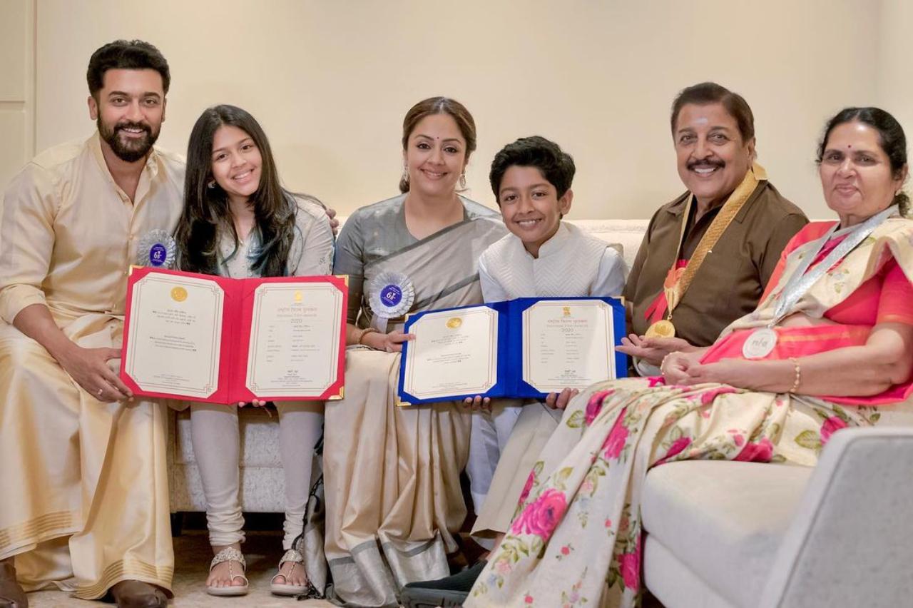 Suirya and Jyotika are not avid users of social media. Therefore instances of the couple sharing pictures with their kids are rare. The couple however shared this happy family picture when Suriya won the National Award for Soorarai Pottru last year