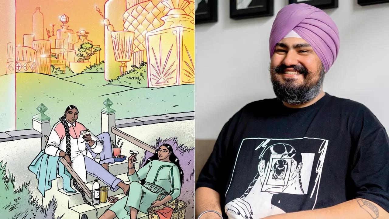 Artist Jasjyot Singh Hans found Hogarth’s Gin Lane so unpleasant and stylistically flaccid that he decided to keep his work, Mehfil, calmer and clearer. The focus is on the novelty of an intimate moment. “Laughter echoes in a crystal clear surreal landscape as two friends share a drink over endless sweet nothings,” he adds