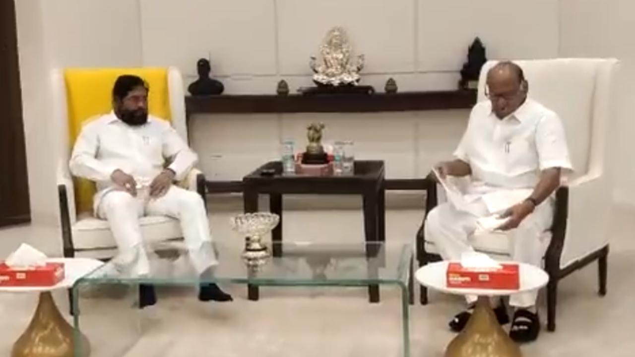 Sharad Pawar said he held a discussion with the CM Shinde to organise a meeting to address the issues faced by actors and people associated with the Marathi film industry and theatres (Pic/Twitter Handle)