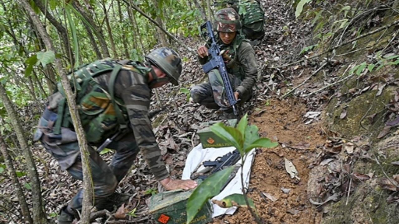 Security forces personnel during a combing operation in sensitive areas of Manipur (Pic/PTI)