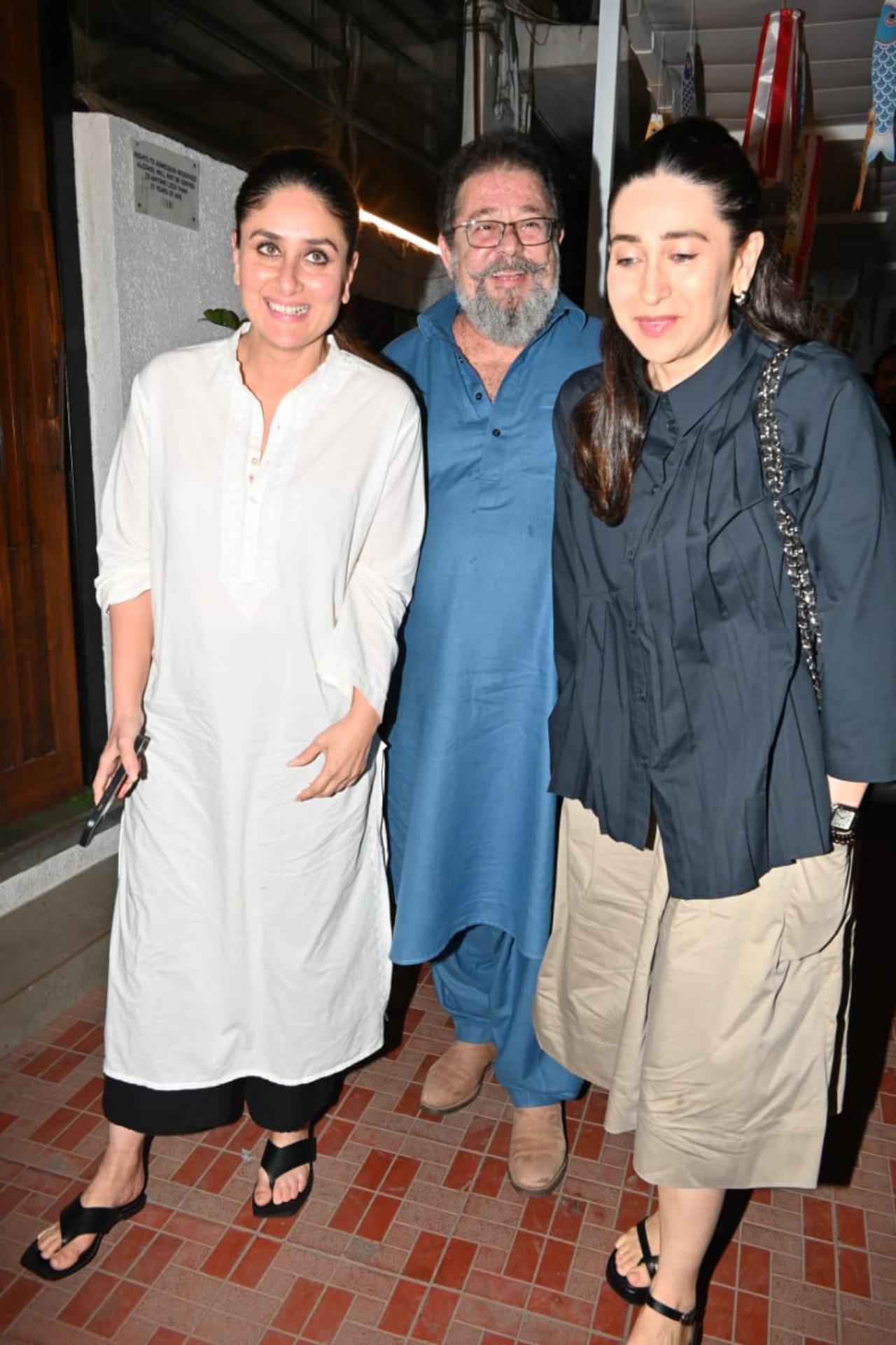 Karisma wore a black top, a beige skirt and black heels. Saif was seen in a black shirt and denims