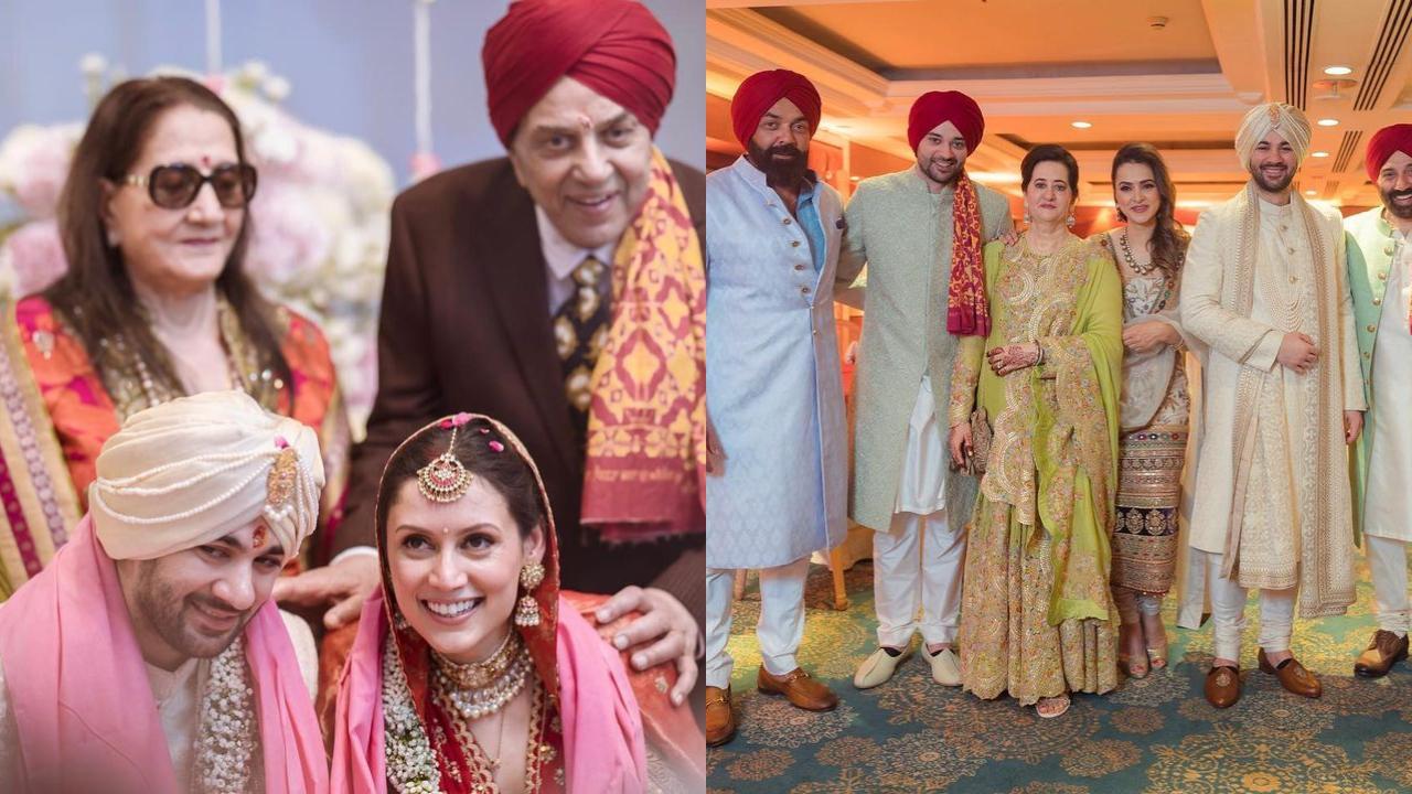 Newlyweds Karan Deol, Drisha Acharya pose with the Deol family; see inside pics