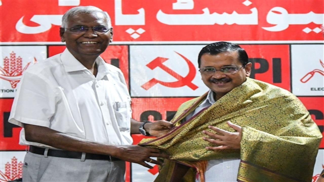 Delhi Chief Minister Arvind Kejriwal on Wednesday met Communist Party of India leader D Raja to garner support against Centre's ordinance of services