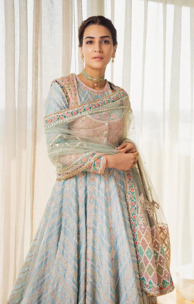 Kriti Sanon looked like a picture of royalty when she kick-started `Adipurush` promotions in a majestic pastel green anarkali set