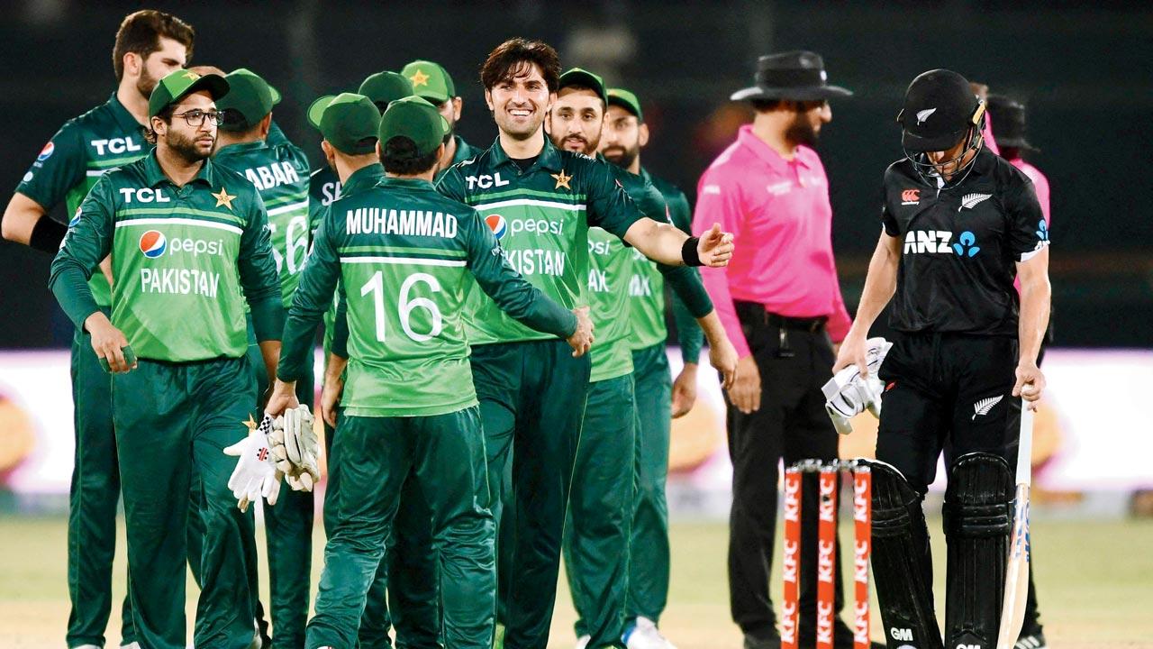 Pakistan’s players celebrate winning the third ODI against New Zealand  at the National Stadium in Karachi last month. Pic/Getty Images