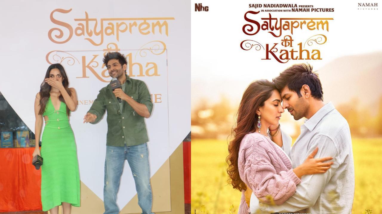 (L) Kiara Advani and Kaartik Aaryna at ticket launch event for 'Satyaprem Ki Katha' (Pic/Yogen Shah) and (R) Official Movie Poster (Pic/Instagram)