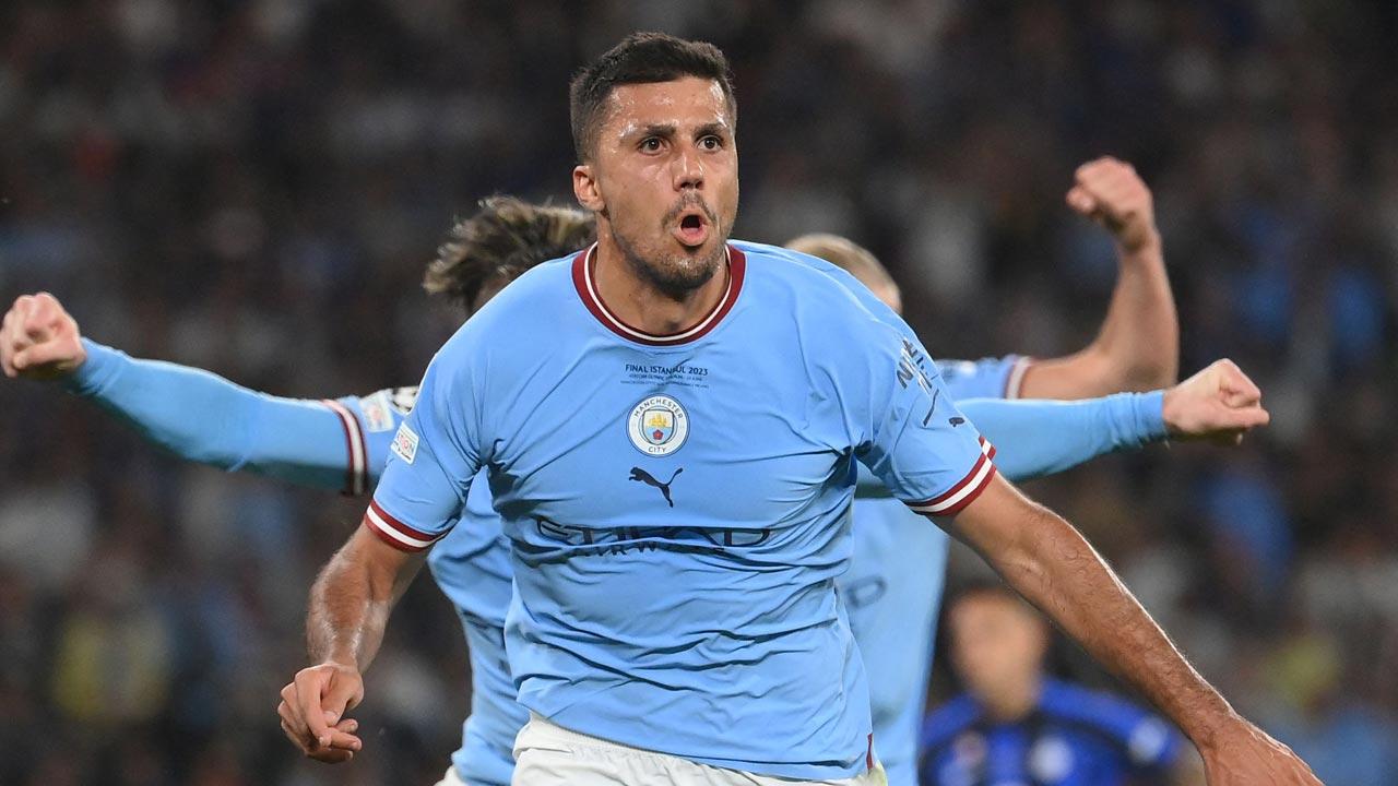 Manchester City`s Spanish midfielder Rodri celebrates scoring his team`s first goal during the UEFA Champions League final football match between Inter Milan and Manchester City at the Ataturk Olympic Stadium in Istanbul. Pic/AFP