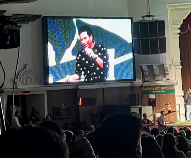 A screen shows Sachin Tendulkar talking on stage during the launch of Scintillating Sachin—Story Beyond the Stats by Dwarkanath Sanzgiri in Sion on Friday. 