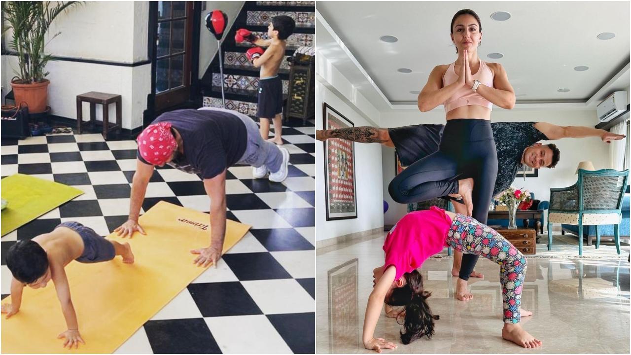 Saif did yoga with son Jeh, while sister Soha pulled a beautiful pose with Kunal and Inaaya