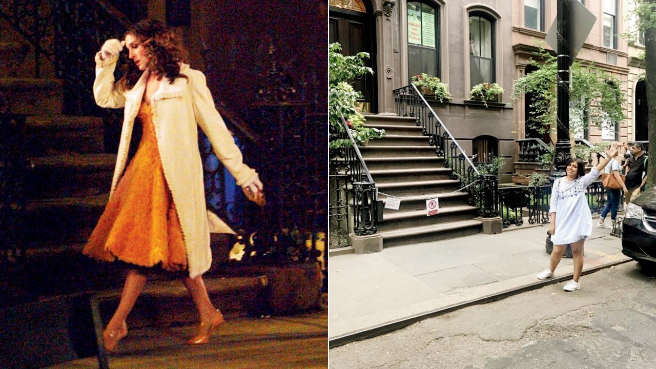 Sarah Jessica Parker, who played Carrie Bradshaw, on the sets on the last day of filming for the final episode of Sex and the City on February 4, 2004, in New York City; (right) This writer, on a trip to New York, took a picture outside the brownstone Carrie lived in, which is a mecca for all fans
