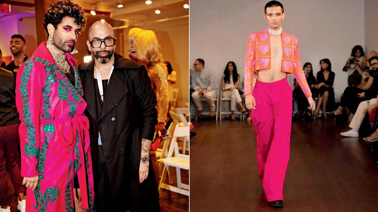 Designer Mayyur Girotra (in spectacles) kicked off Pride Month in New York on June 2 with a showcase of the Aikya capsule collection. Seen here with gender-nonconforming author, poet and public speaker Alok Vaid-Menon who attended the show wearing a Girotra designed trench-coat with Kutchi embroidery and mirrorwork. Pic Courtesy/Rishika Nath (Right) A look from the collection. Pic Courtesy/Saunak Shah