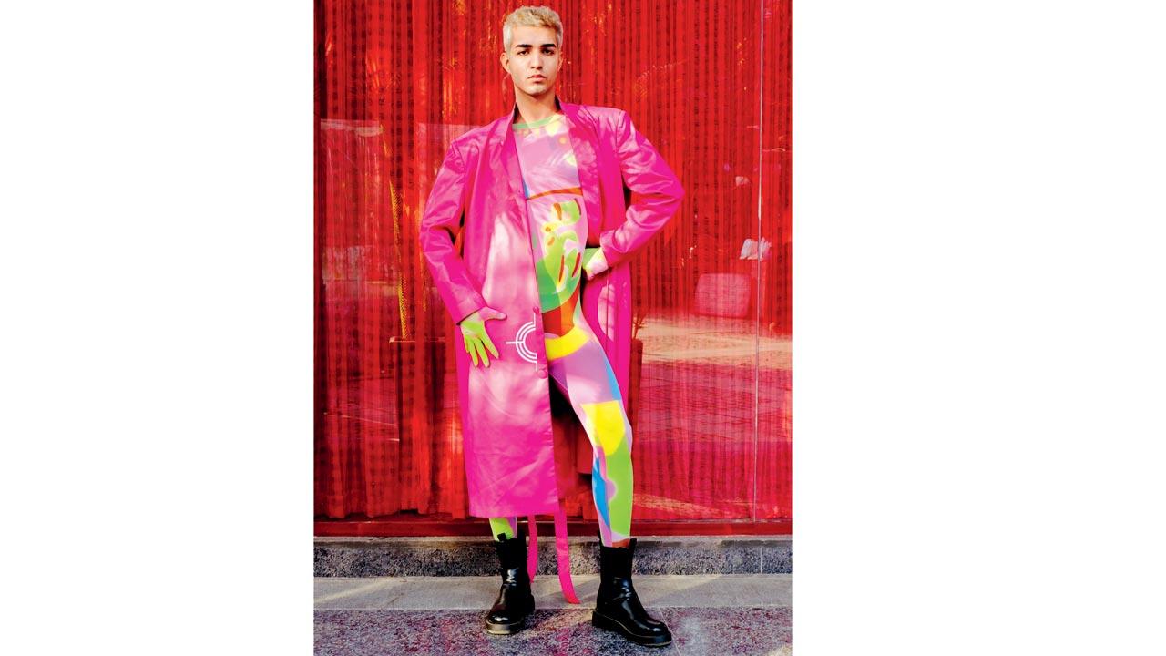 Teamed with an oversized trench, the “porn” artwork on the bodysuit is “an ode to the orgasm and symbolises liberation,” says the Akshay Sharma of Vulgar label