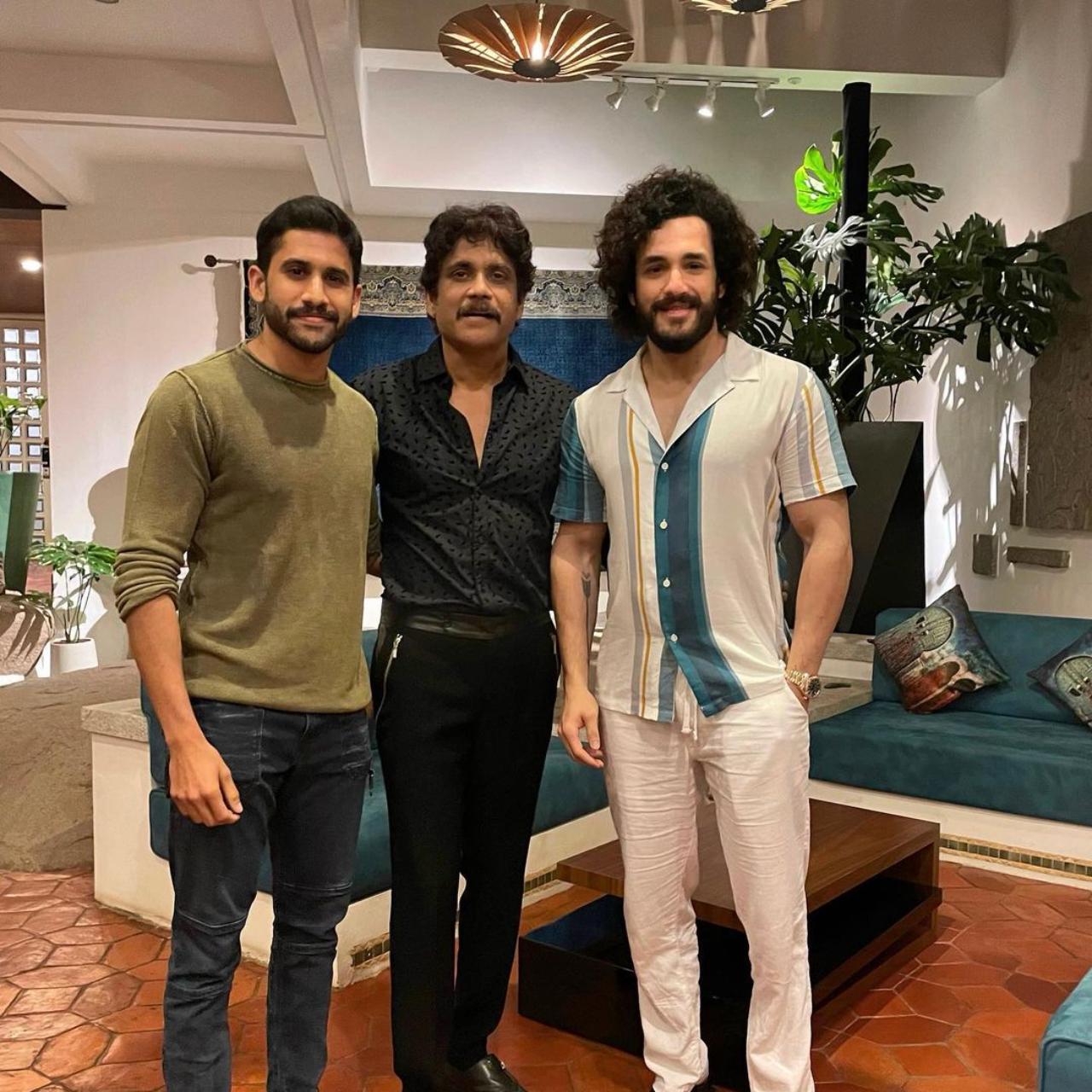 Nagarjuna with his sons Naga Chaitanya and Akhil
Nagarjuna is one of the most popular names of Telugu cinema whose Hindi dubbed films also made him popular in the North belt. His elder son Naga Chaitanya has also carved a name for himself with his work. He made his acting debut in 2009 with Josh and his breakthrough came with Gautham Vasudev Menon-directed Ye Maaya Chesave (2010). As for Nagarjuna's younger son, Akhil, his first leading role as an adult came in the box office flop Akhil (2015). His first commercial success occurred in Most Eligible Bachelor (2021)