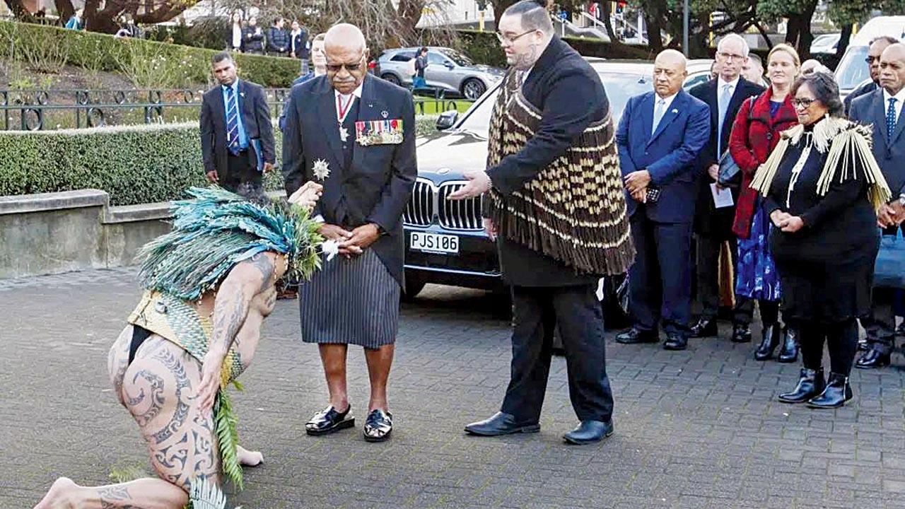Fiji Prime Minister Sitiveni Rabuka (center) is welcomed during a traditional Maori ceremony in Wellington on Wednesday. PIC/AP 