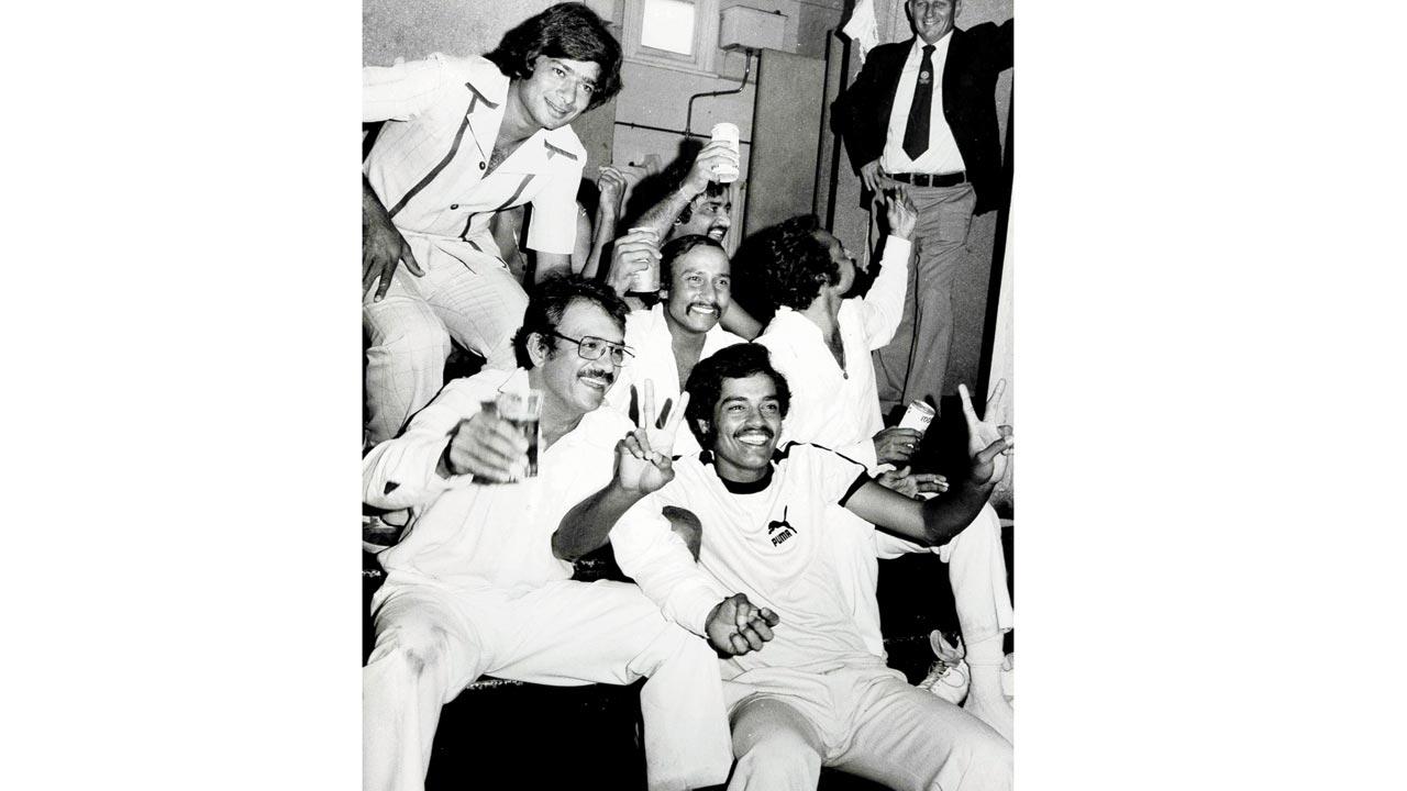 Members of the Indian cricket team celebrate their win in the 1977-78 Sydney Test over Australia. Sitting are Ashok Mankad (left), Dilip Vengsarkar, Syed Kirmani, BS Chandrasekhar, GR Vishwanath and Karsan Ghavri (to Vishwanath’s right). Pic/Getty Images
