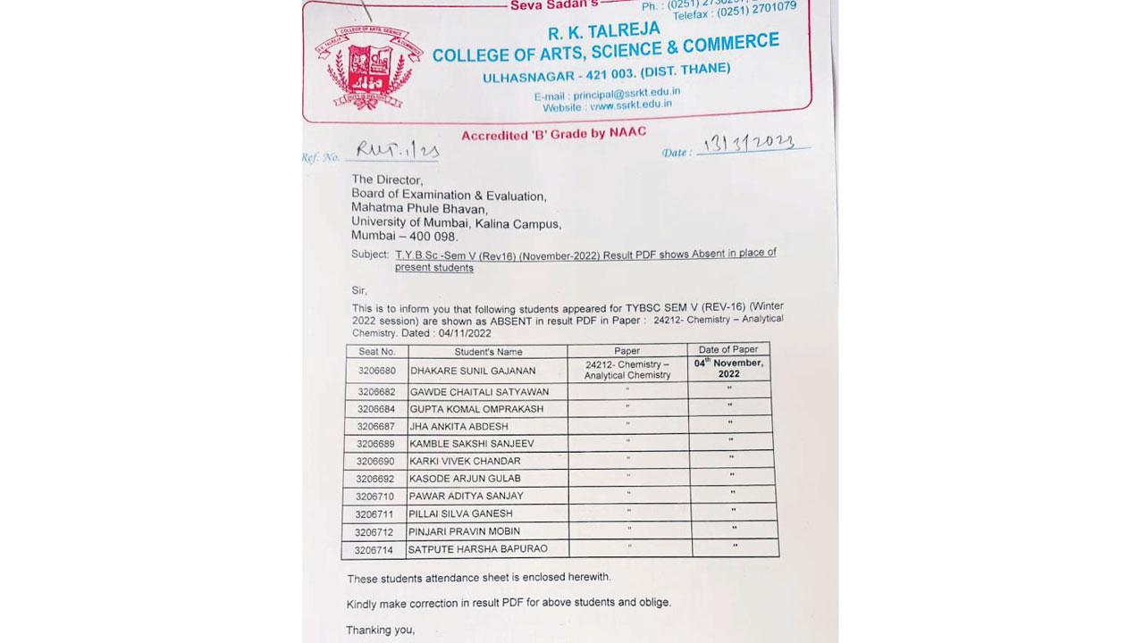 The exam attendance sheets sent by R K Talreja college to MU